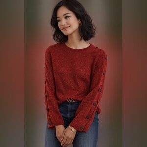 J Jill Crimson Tweed Button‎ Sleeve Sweater Knit 100 Cotton Pullover M